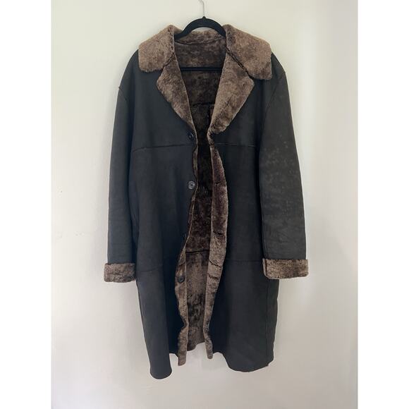 Schott NYC Long leather Shearling Fur Coat Collared Black Unisex Reversible Sz L - Picture 1 of 11